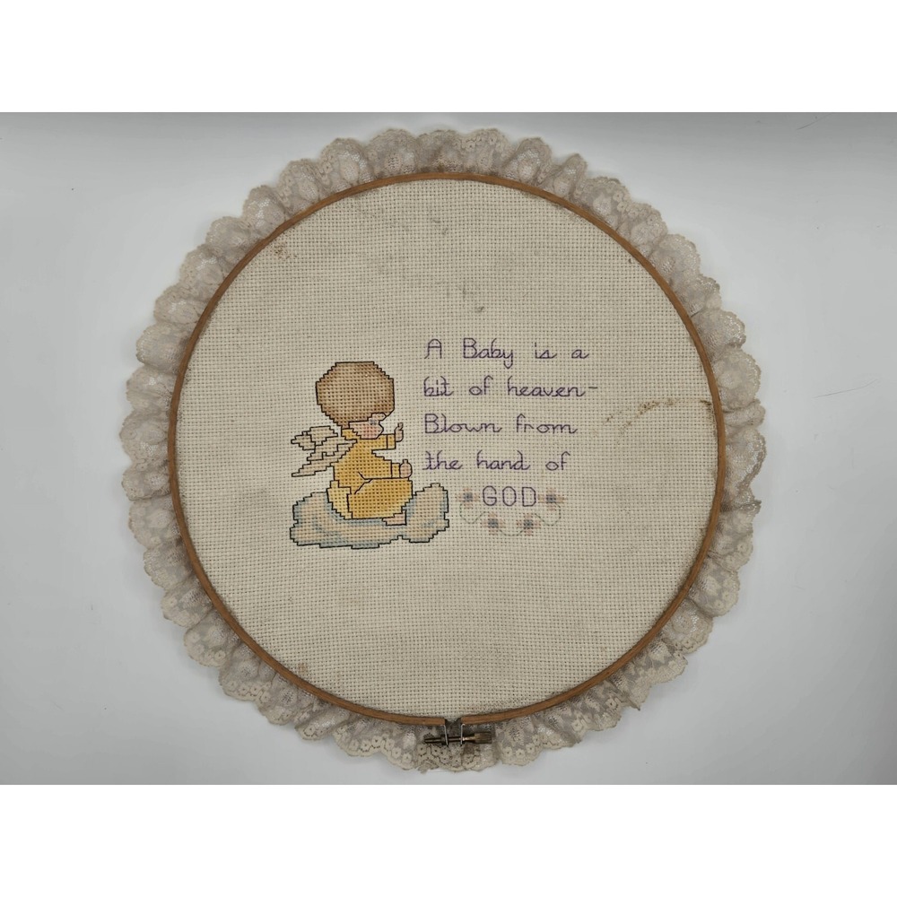 Vintage Cross Stitch Wall Hanging Baby 10" Diameter